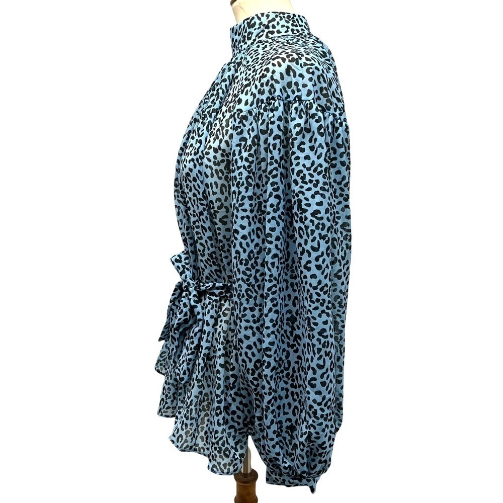 ASOS Blue Animal Print Belted Puff Sleeve Sheer Blouse Women’s 8 - Picture 5 of 13